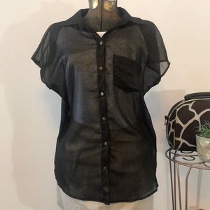 2/$5 Sheer Blk Shimmer Button-up Tee w/ Open Back